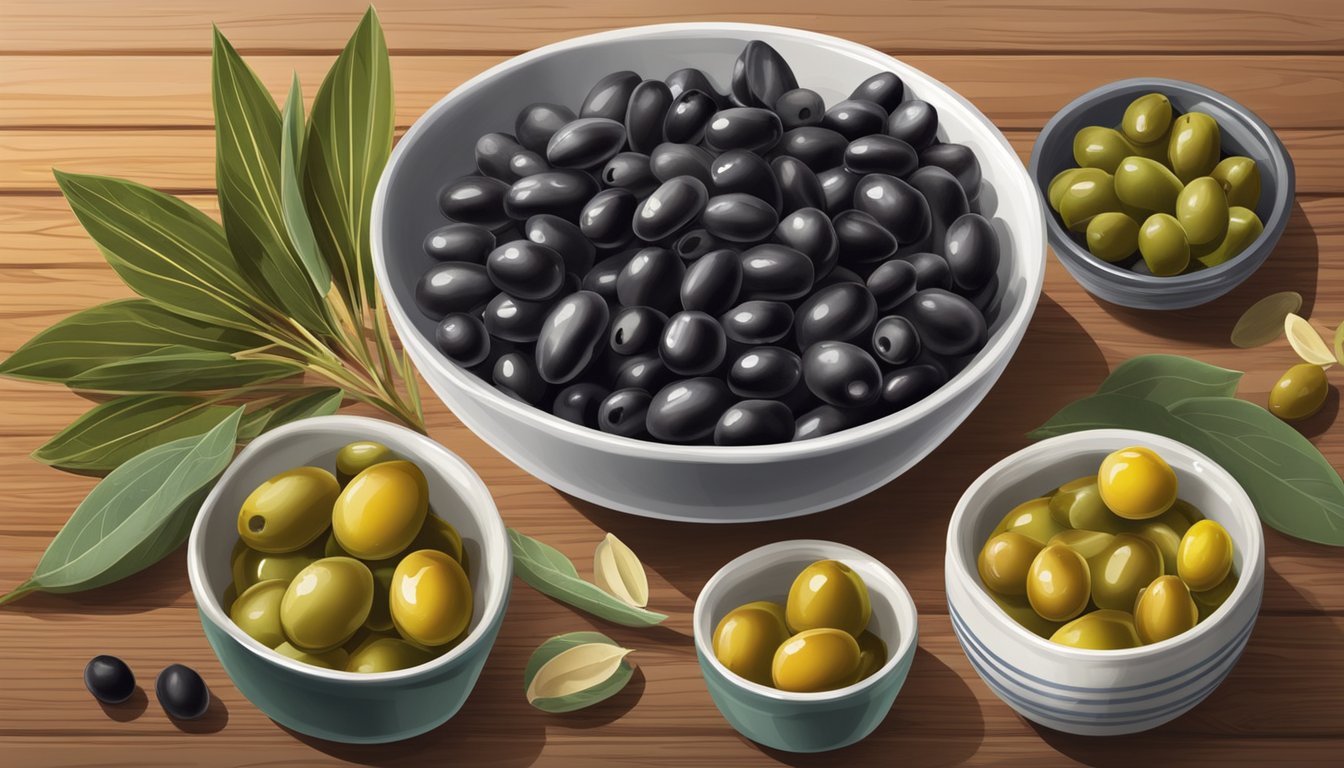 A bowl of olives surrounded by various high-salicylate foods on a wooden table