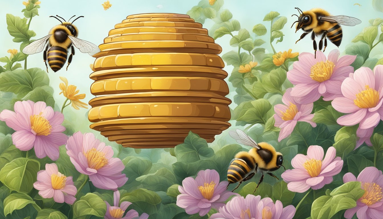 A buzzing beehive surrounded by blooming plants with honey dripping from the comb