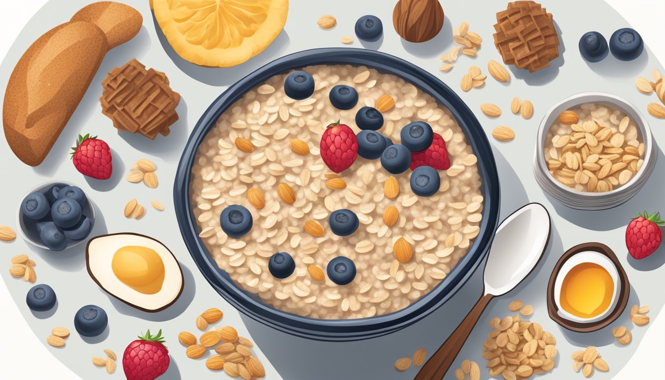 A bowl of instant oatmeal surrounded by everyday foods with hidden sources of refined sugar