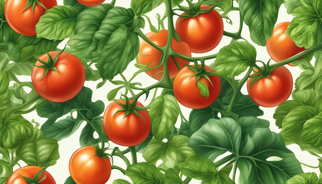 Ripe tomatoes on a vine, surrounded by green leaves and dappled sunlight