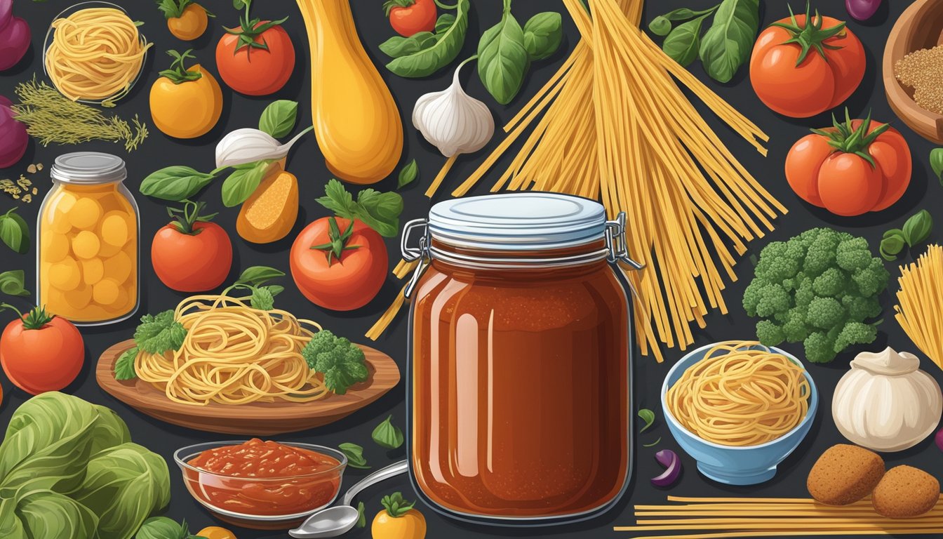 A jar of spaghetti sauce surrounded by everyday foods with hidden sources of refined sugar