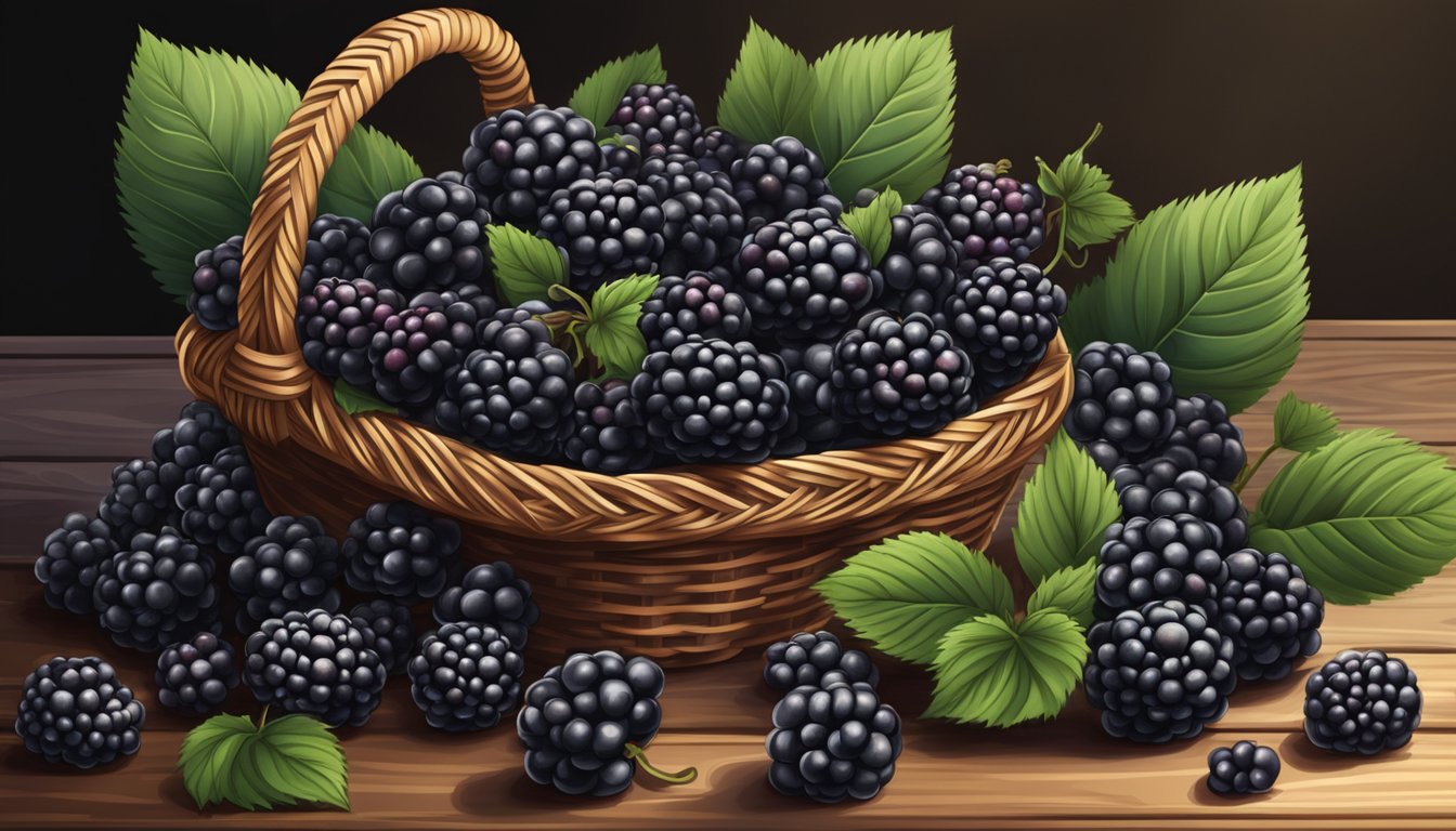 A pile of ripe blackberries spilling out of a wicker basket onto a wooden table