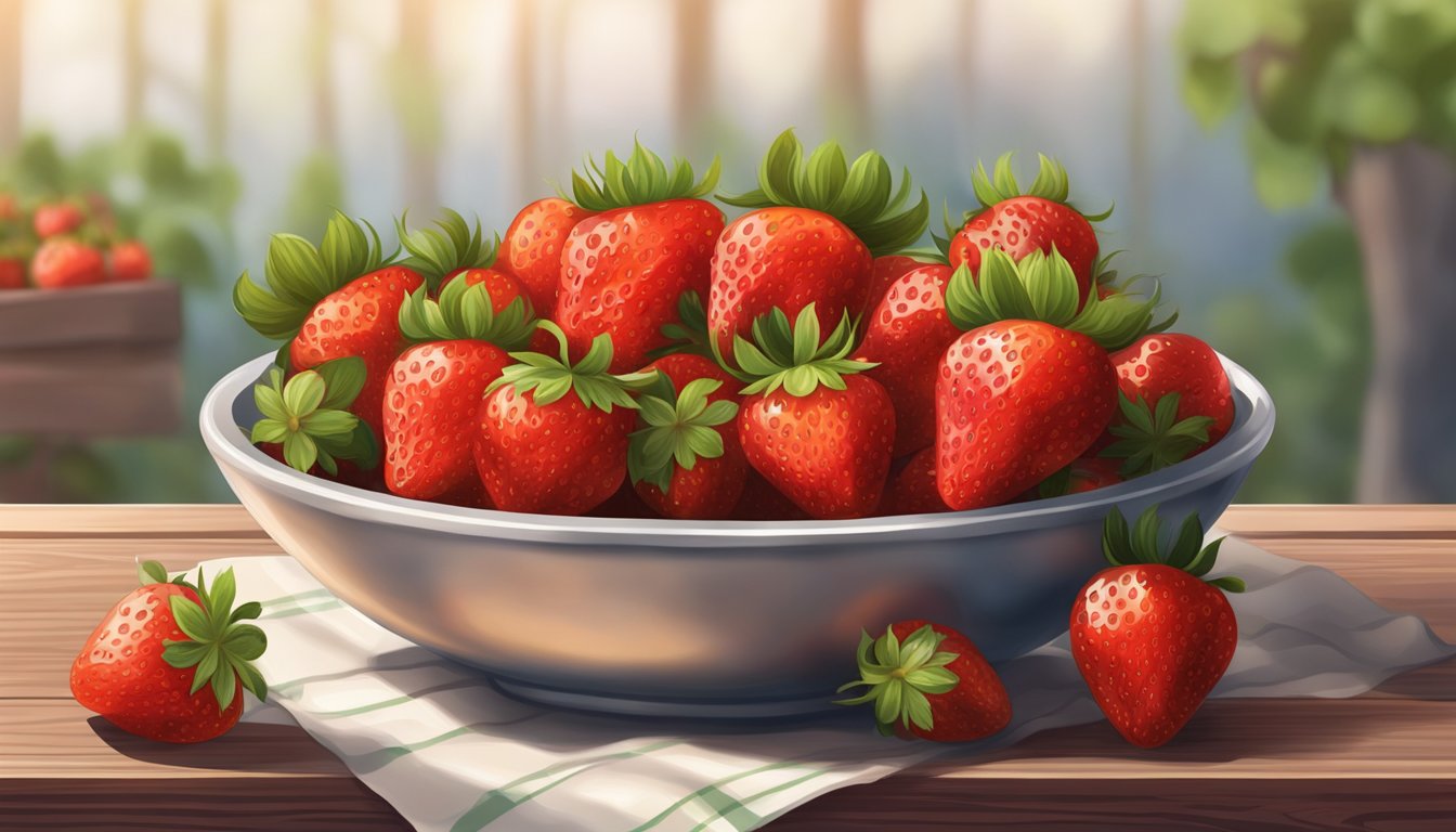 A bowl of ripe strawberries on a wooden table