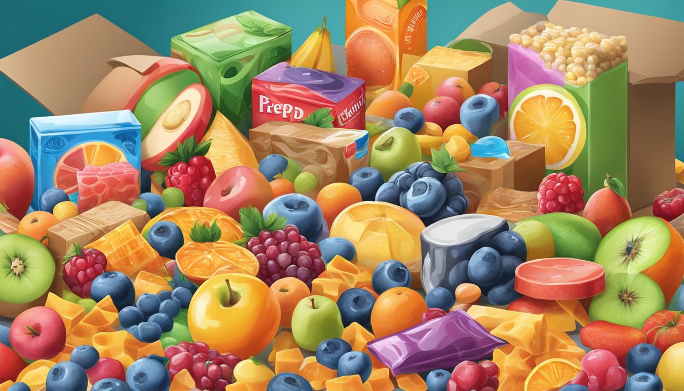 A colorful array of fruit snacks spills out of a pantry, surrounded by boxes and packages of everyday foods