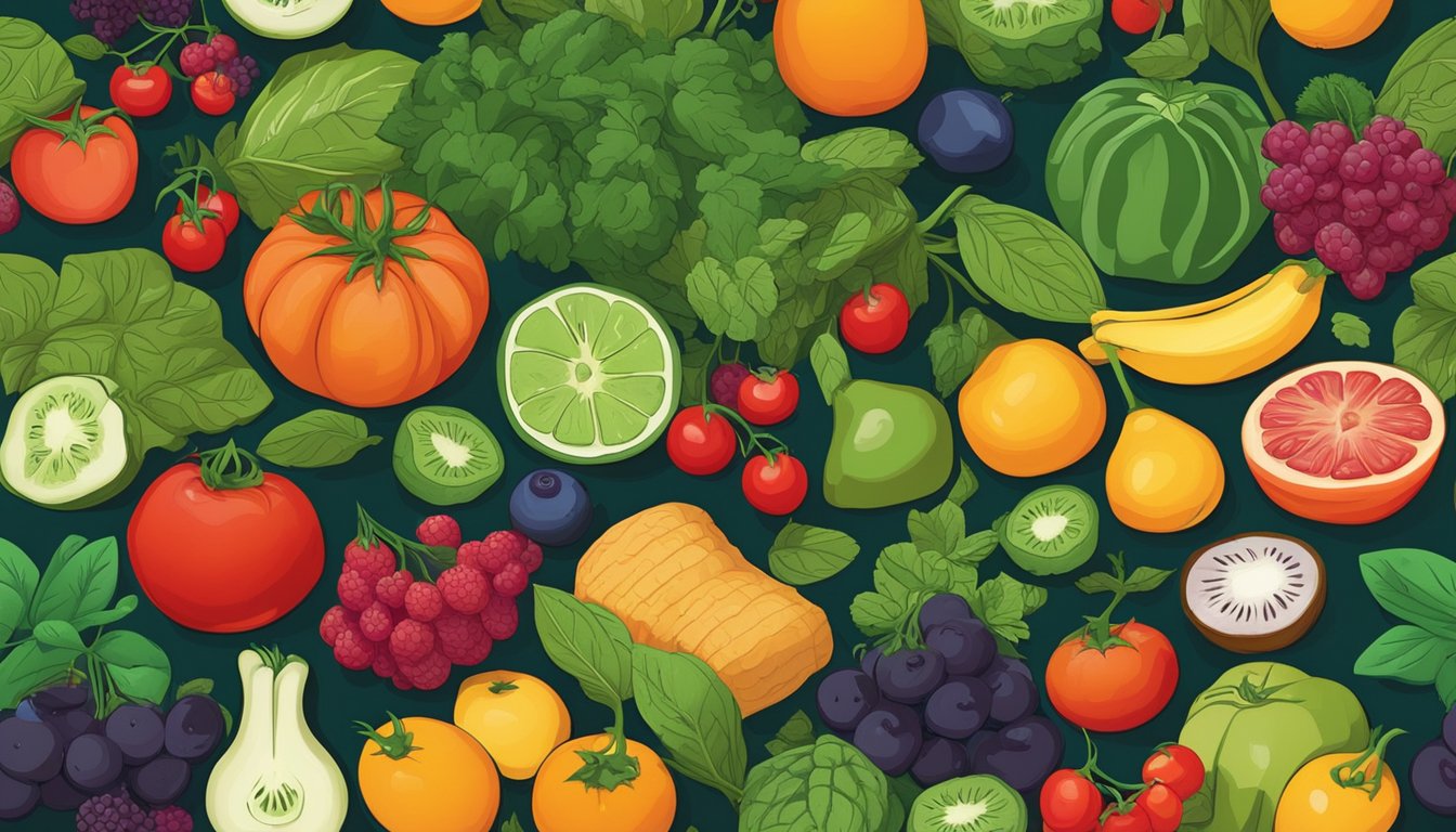 A vibrant array of fruits, vegetables, and herbs, including berries, tomatoes, and spinach, fill a colorful table, representing a variety of foods high in salicylates