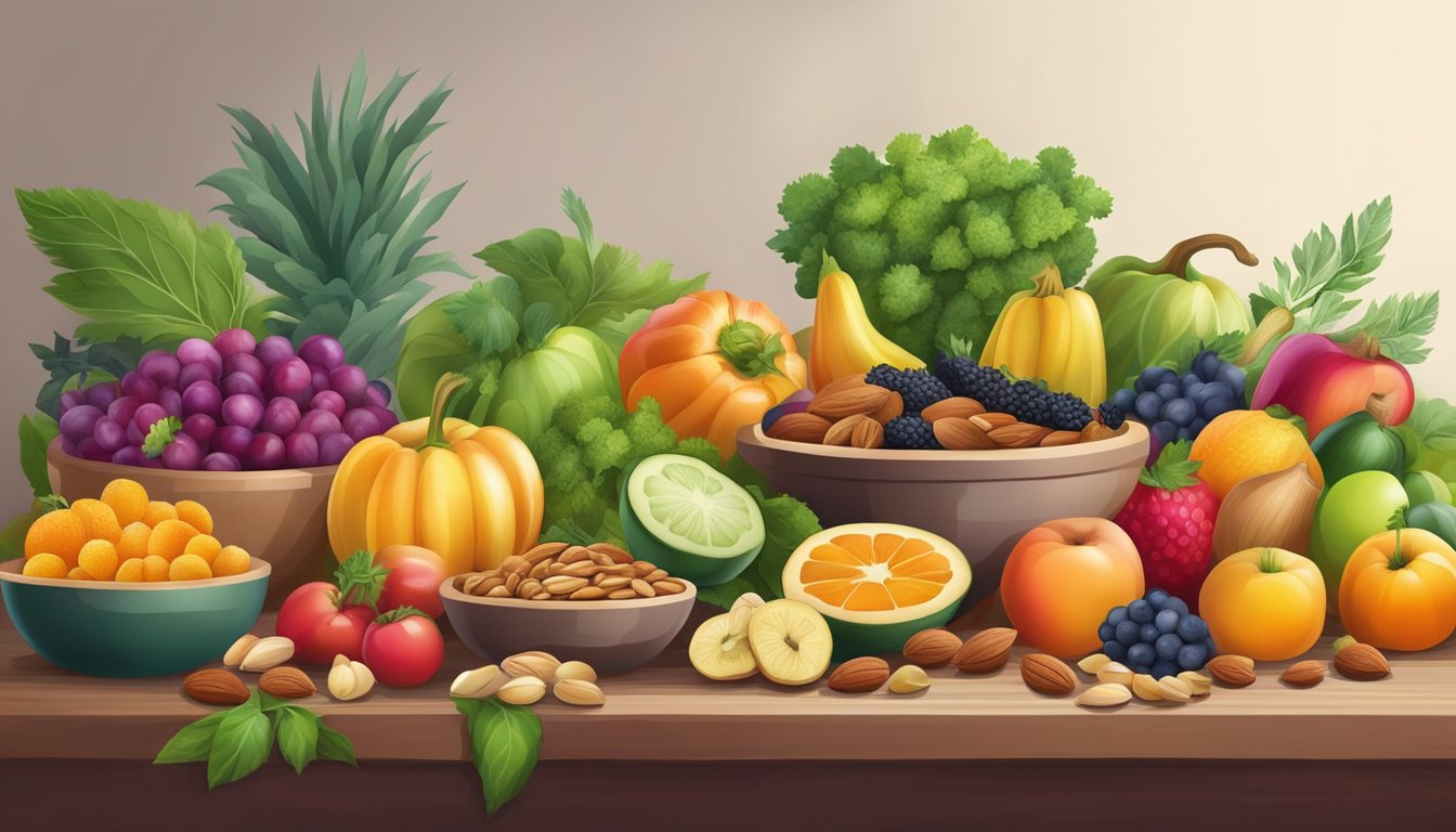 A table covered with colorful fruits, vegetables, and herbs, with a variety of nuts and spices in the background