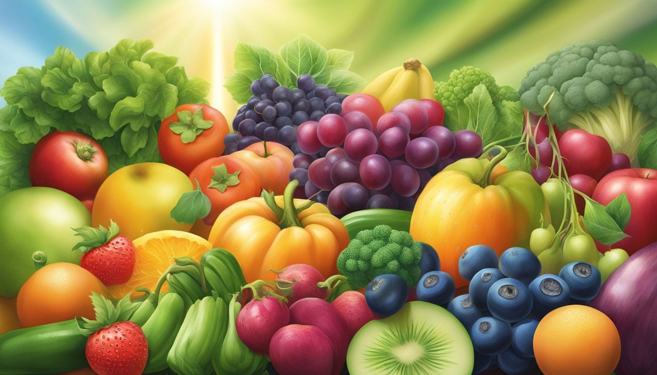 A vibrant assortment of fruits and vegetables, radiating energy and vitality, surrounded by a halo of light