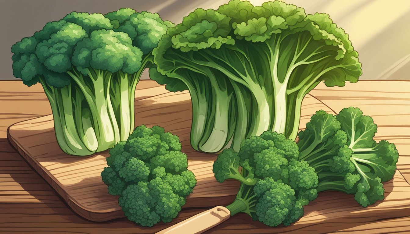 A vibrant bunch of kale, spinach, and broccoli arranged on a wooden cutting board. Sunlight streams in, casting a warm glow on the green vegetables