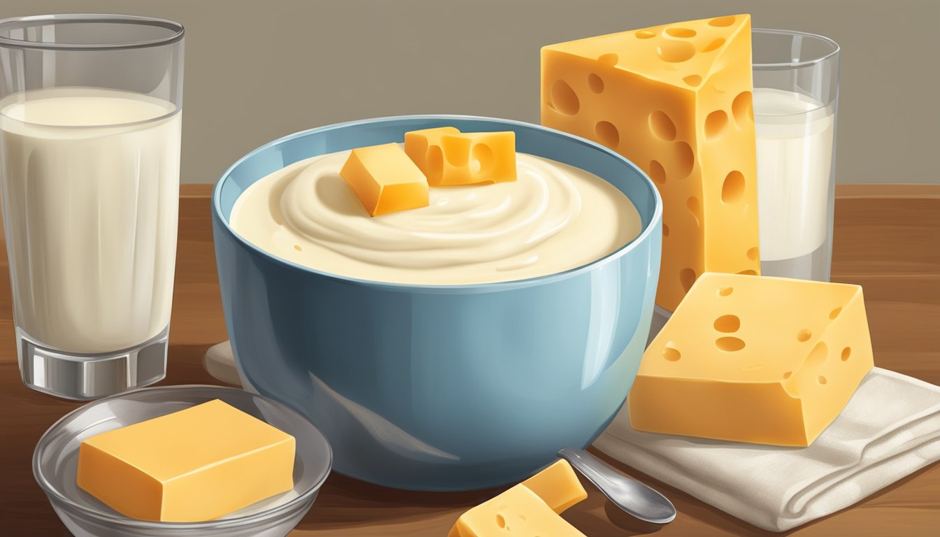 A wheel of cheddar cheese surrounded by a glass of milk, a block of butter, and a bowl of yogurt