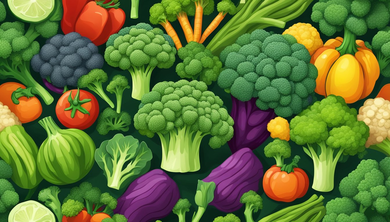 A pile of vibrant green broccoli surrounded by an assortment of other colorful vegetables, with a focus on the broccoli