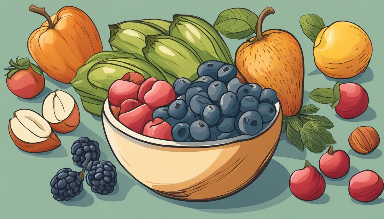 A bowl of almonds surrounded by fruits and vegetables