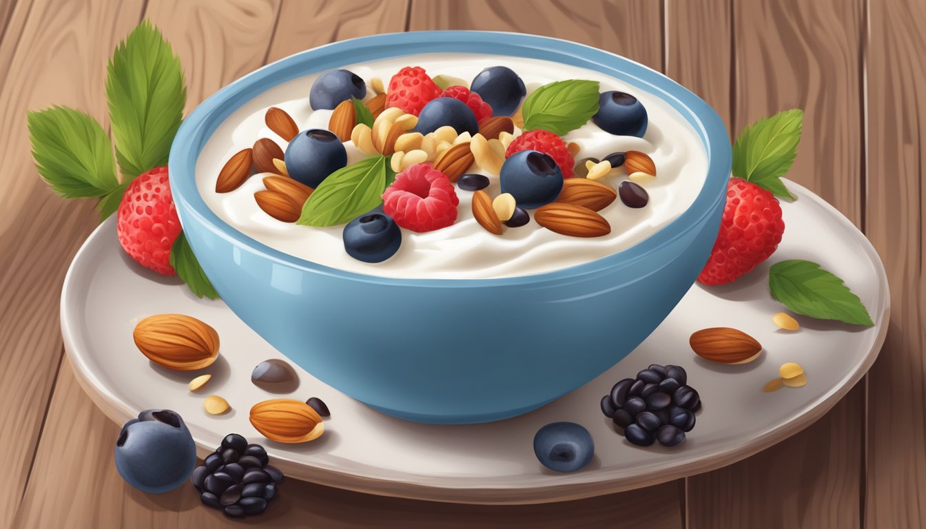 A bowl of Greek yogurt topped with nuts, seeds, and berries on a wooden table