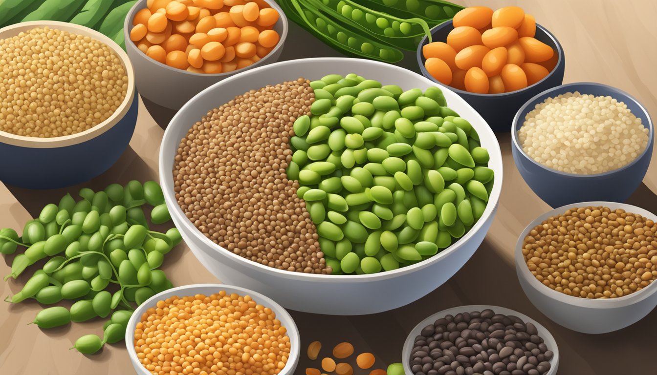 A bowl of edamame surrounded by other high-protein, high-fiber foods like quinoa, lentils, and nuts, with a vibrant array of vegetables in the background