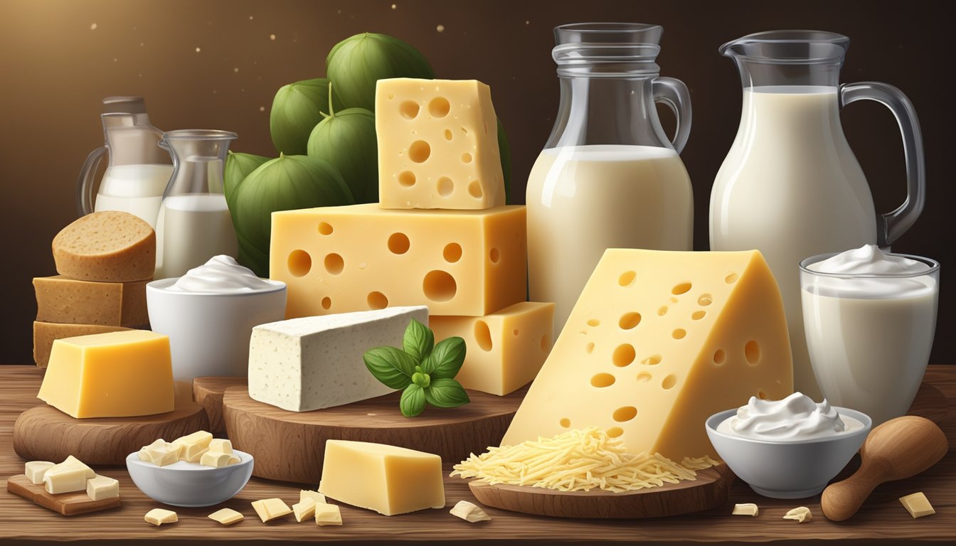 A block of parmesan cheese surrounded by a variety of dairy products, such as milk, yogurt, and cheese, on a rustic wooden table