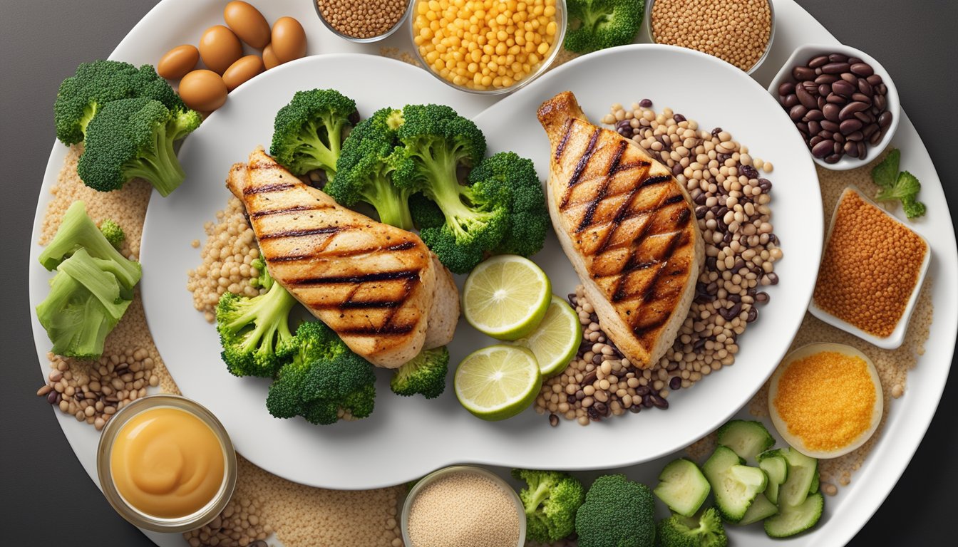 A grilled chicken breast surrounded by a variety of high-fiber foods like beans, broccoli, and quinoa, all arranged on a clean, white plate