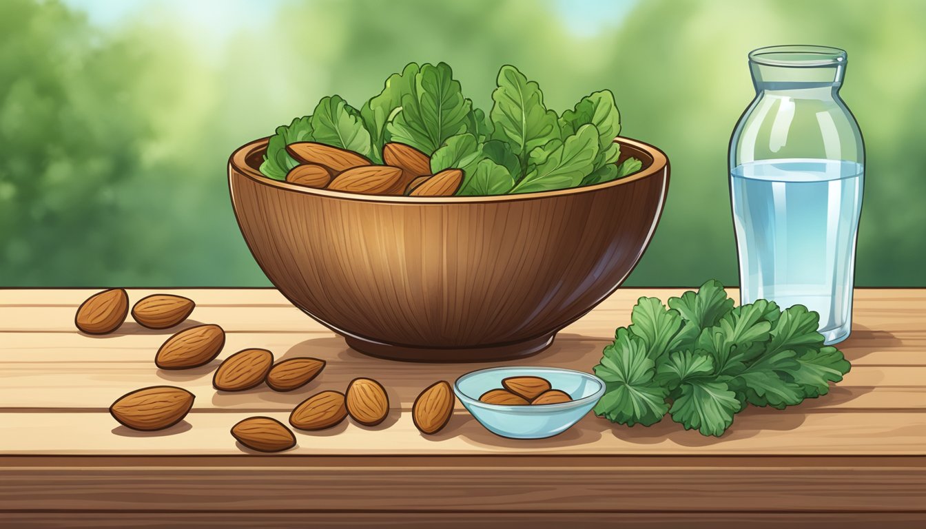 A bowl of almonds surrounded by green leafy vegetables and a glass of water on a wooden table