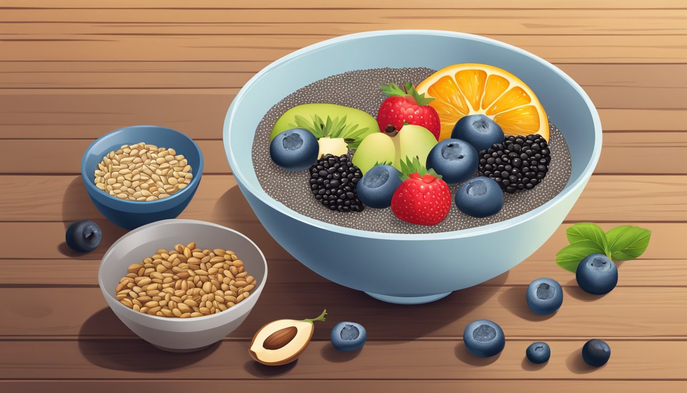 A small bowl filled with chia seeds surrounded by various fruits and nuts on a wooden table