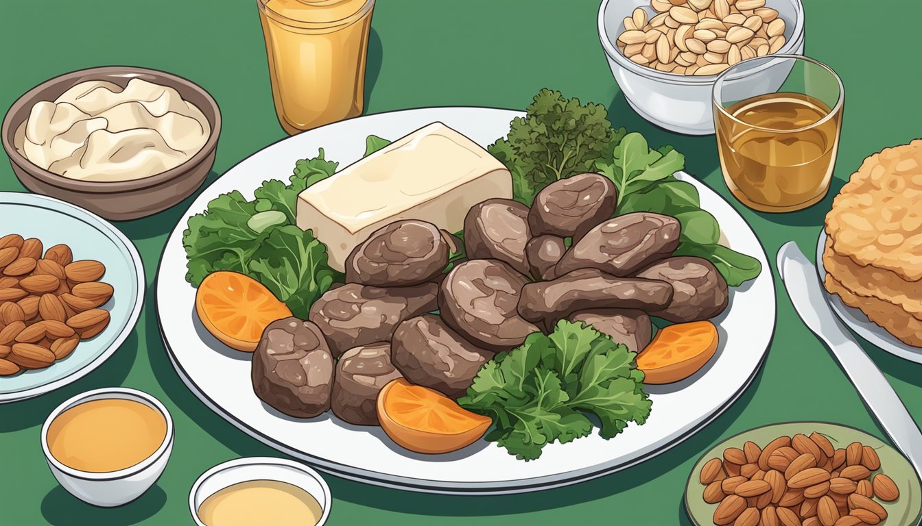 A plate of lamb kidneys surrounded by foods rich in vitamin B2, such as dairy products, leafy greens, and almonds