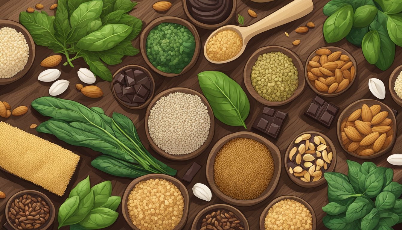 A colorful assortment of quinoa, spinach, almonds, and dark chocolate arranged on a wooden cutting board