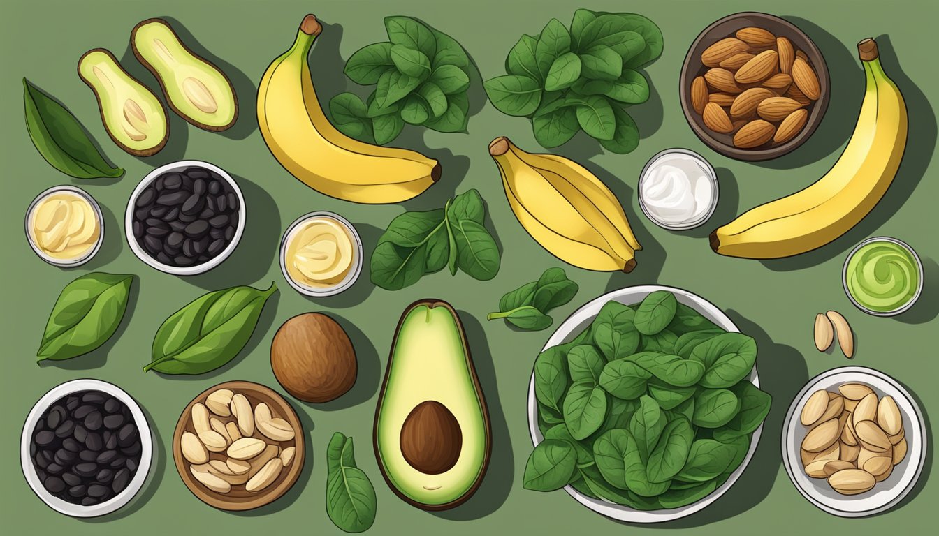 A table set with various magnesium-rich foods: spinach, almonds, black beans, avocado, and bananas