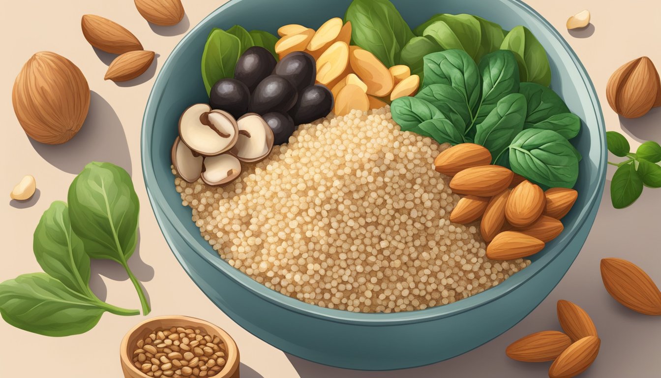 A bowl of cooked quinoa surrounded by various vitamin b2-rich foods like almonds, mushrooms, and spinach