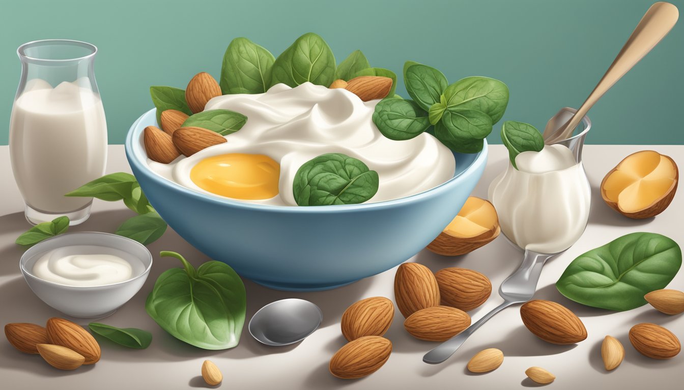 A bowl of yogurt surrounded by various vitamin B2-rich foods like almonds, spinach, and mushrooms