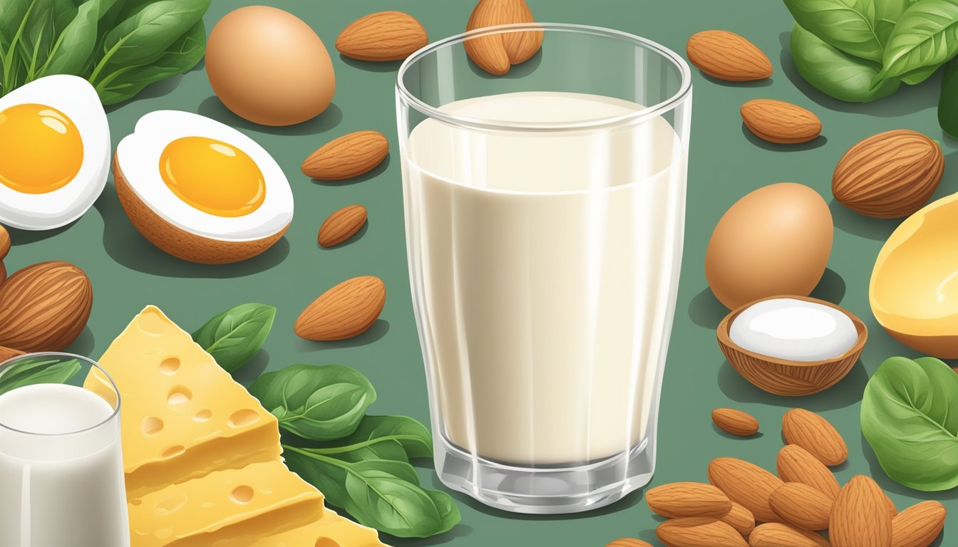 A glass of milk surrounded by a variety of foods rich in vitamin B2, such as eggs, almonds, and spinach