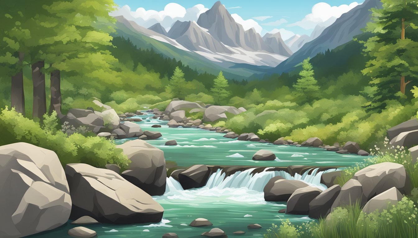 A rocky mountain landscape with a flowing river, scattered with amblygonite crystals and lush green foliage