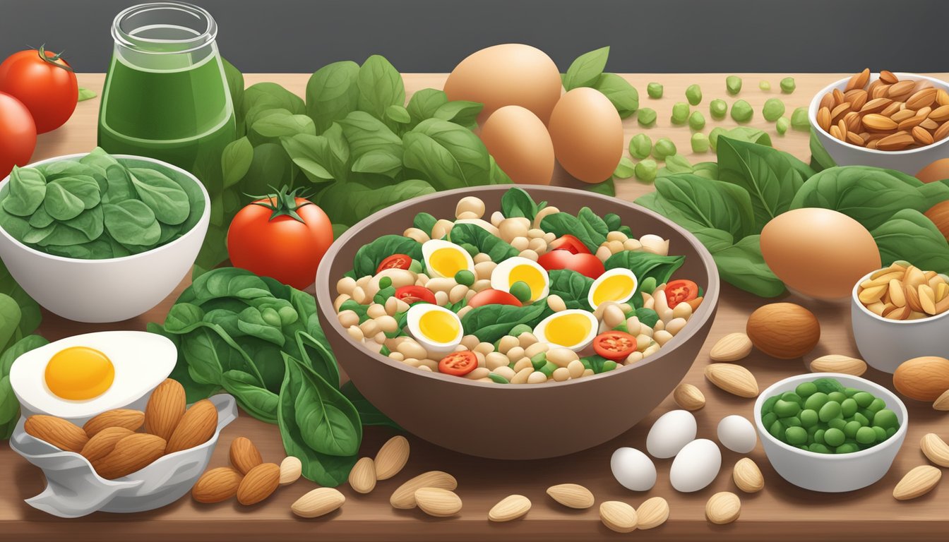 A bowl of soybean salad with tomatoes, spinach, and almonds, surrounded by various vitamin B2-rich foods like eggs, milk, and mushrooms