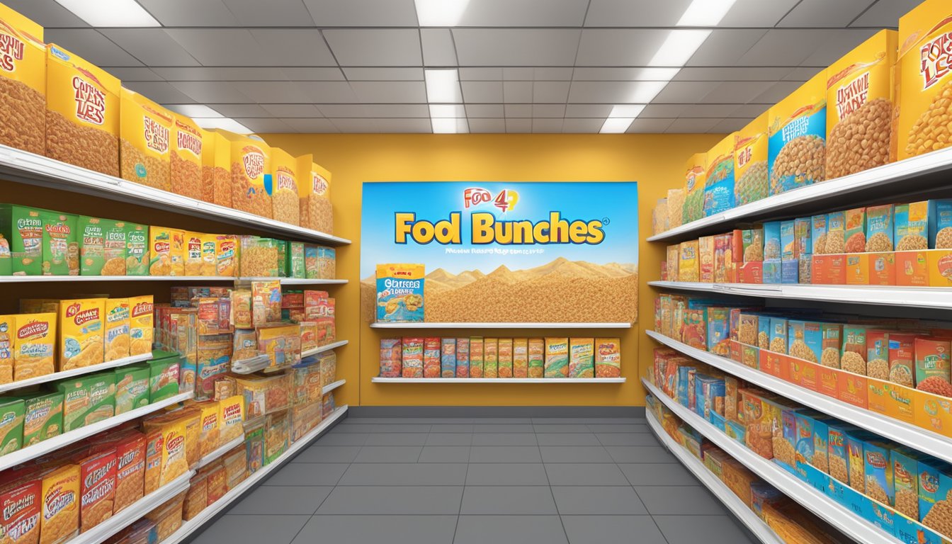 A colorful cereal display at Food 4 Less, with Post Honey Bunches of Oats boxes stacked on shelves in a Highland store