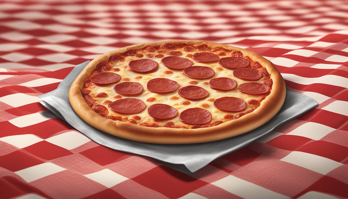 A freshly baked Red Baron Classic Crust Pepperoni Pizza sits on a checkered tablecloth at Food 4 Less in Highland