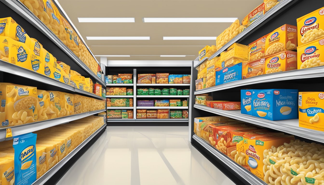 A box of Kraft Macaroni & Cheese sits on a shelf in a Food 4 Less store in Highland