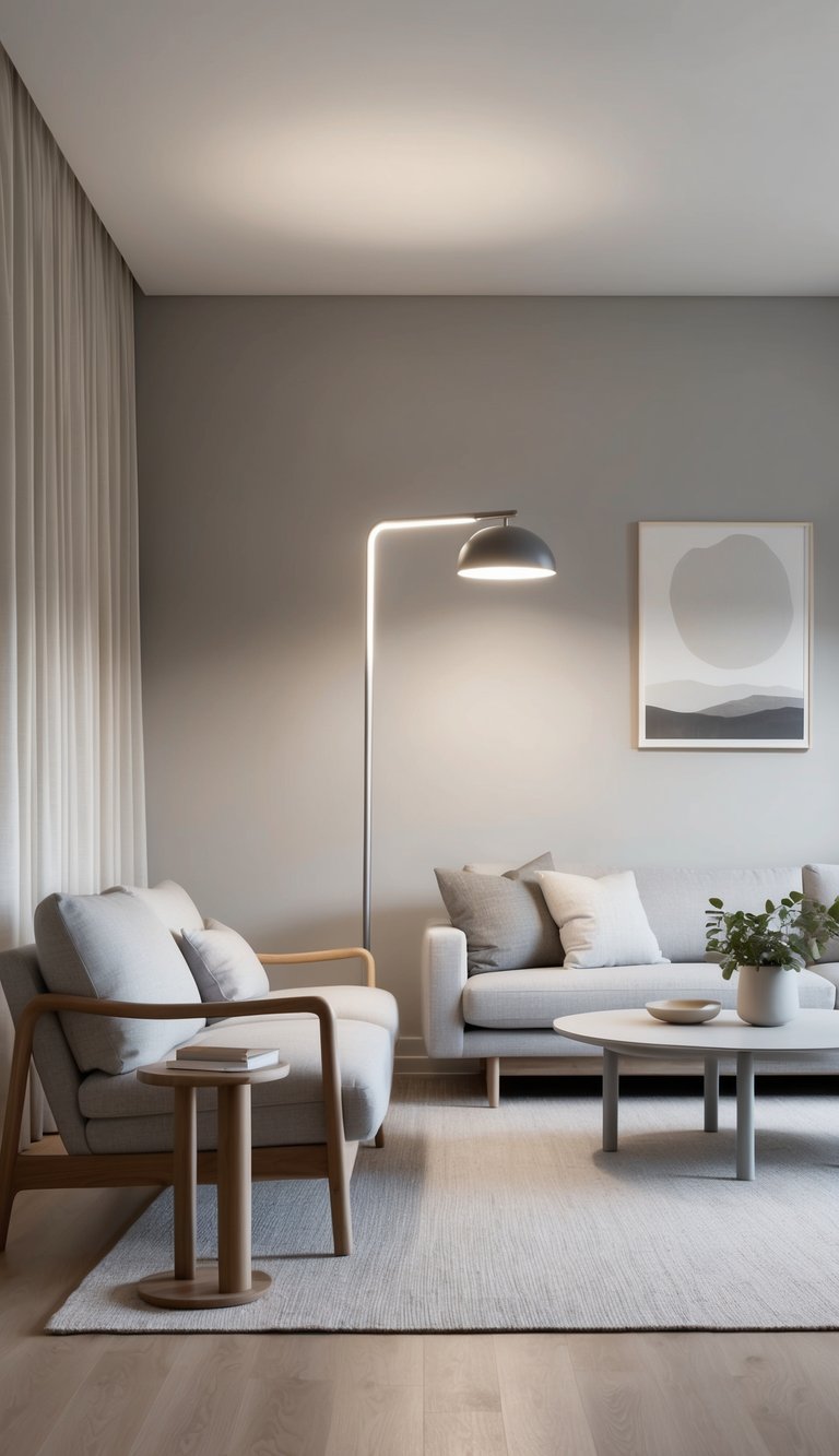 A sleek Scandinavian floor lamp illuminates a minimalist living room with neutral tones, creating an effortlessly stylish and serene atmosphere