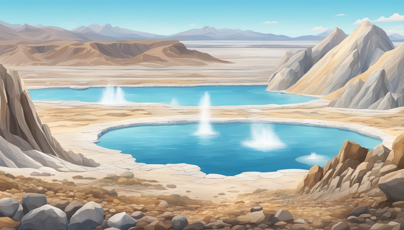 A rocky landscape with mineral deposits, geysers, and salt flats, surrounded by mountains and a clear blue sky