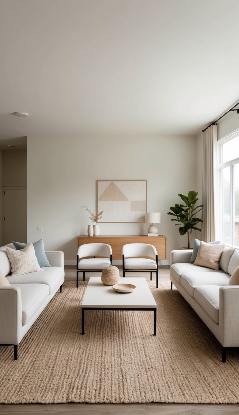 A cozy living room with a large jute area rug, minimalist furniture, and neutral pale colors for effortless style