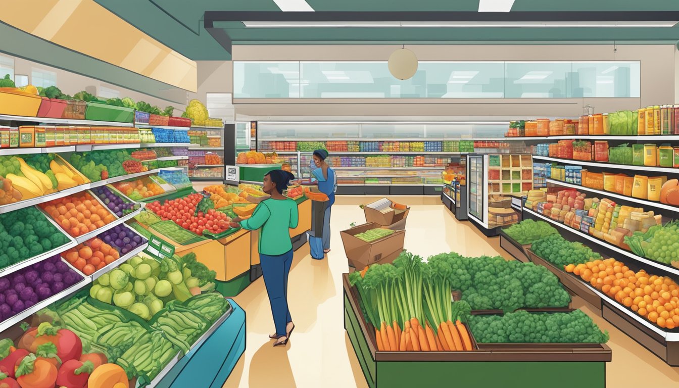 A bustling grocery store with colorful produce, aisles of packaged goods, and a checkout area