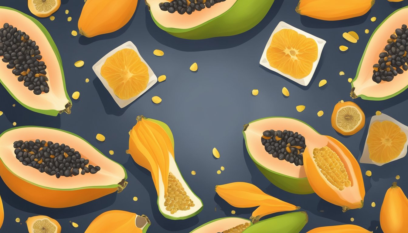 A papaya cut open, surrounded by slices and seeds, with a spoonful of honey drizzling onto the fruit