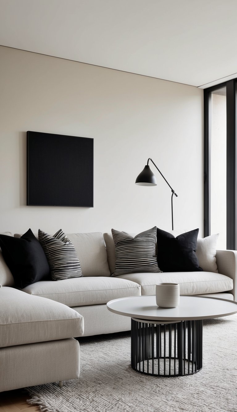 A cozy living room with monochrome throw pillows on a neutral-colored sofa. A minimalist coffee table and sleek floor lamp complete the effortless style