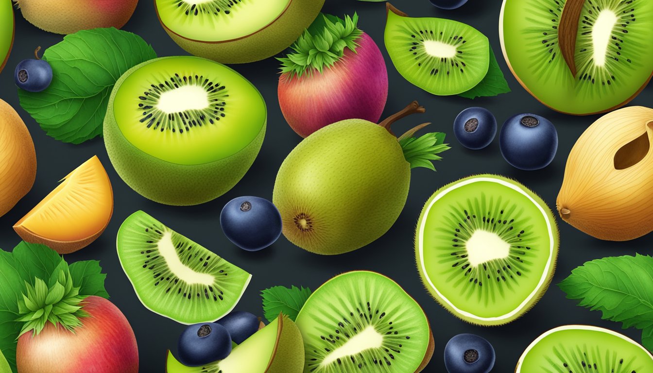 A vibrant kiwifruit sliced open, surrounded by a variety of other fruits and vegetables, all exuding a sense of freshness and healthfulness