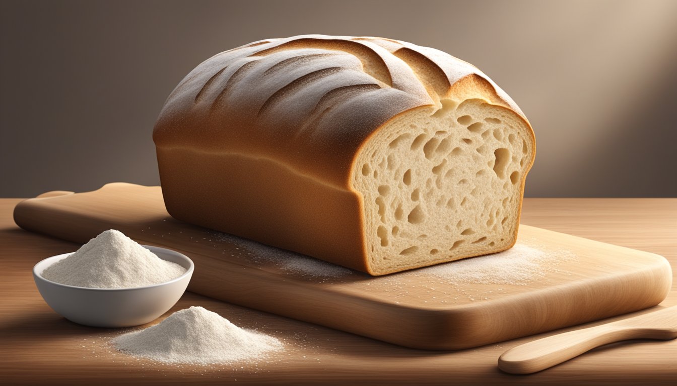 A loaf of sourdough bread rising on a wooden cutting board, surrounded by flour and a scattering of loose yeast