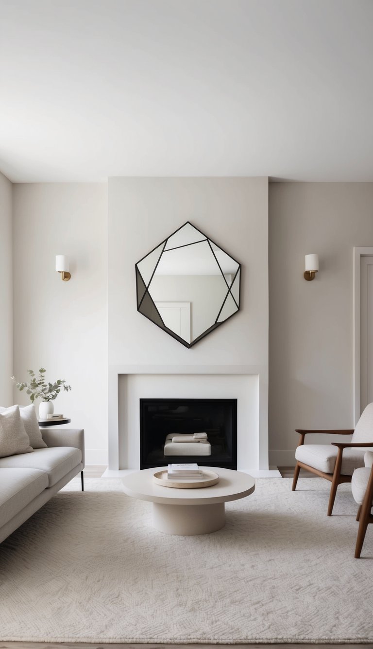 A minimalist living room with a geometric wall mirror, neutral pale colors, and clean lines for effortless style