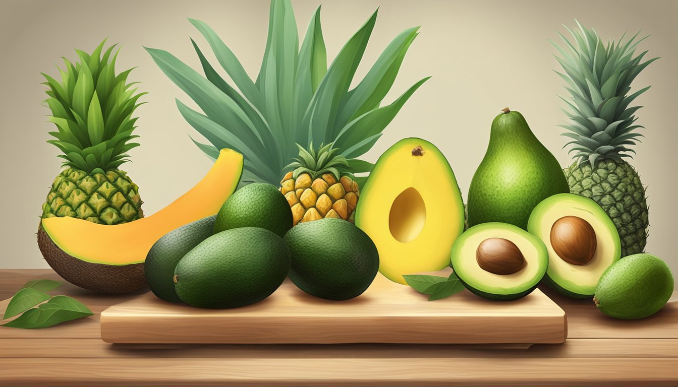 A variety of ripe avocados, papayas, and pineapples on a wooden cutting board