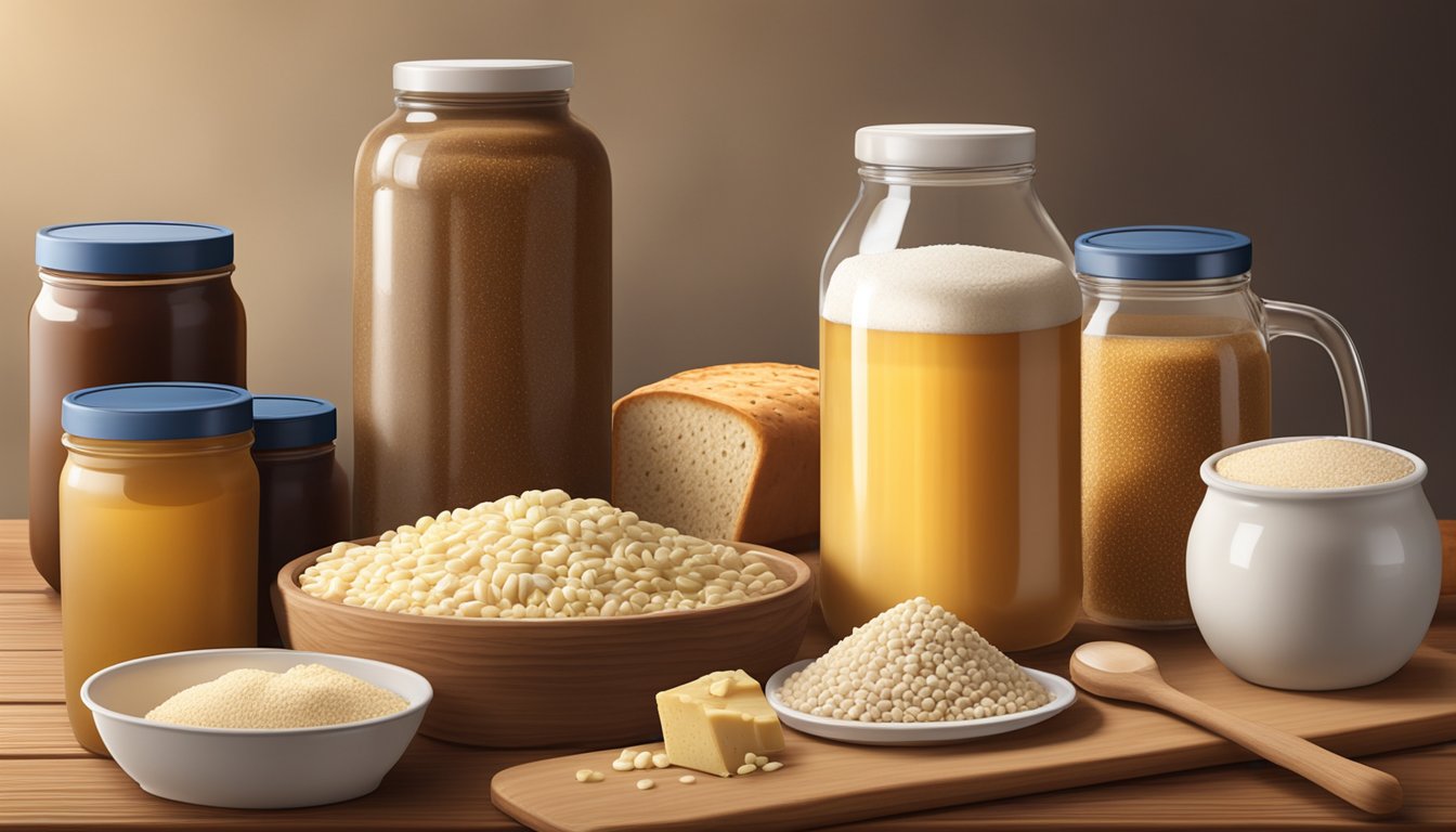 A jar of brewer's yeast supplements sits next to a variety of yeast-rich foods, such as bread, beer, and cheese, on a wooden table