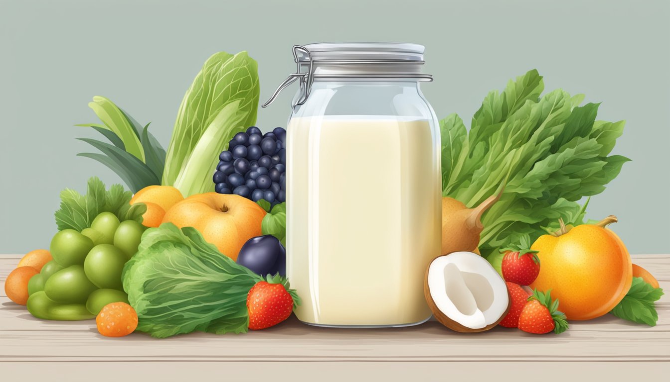 A glass jar filled with kefir, surrounded by fresh fruits and vegetables