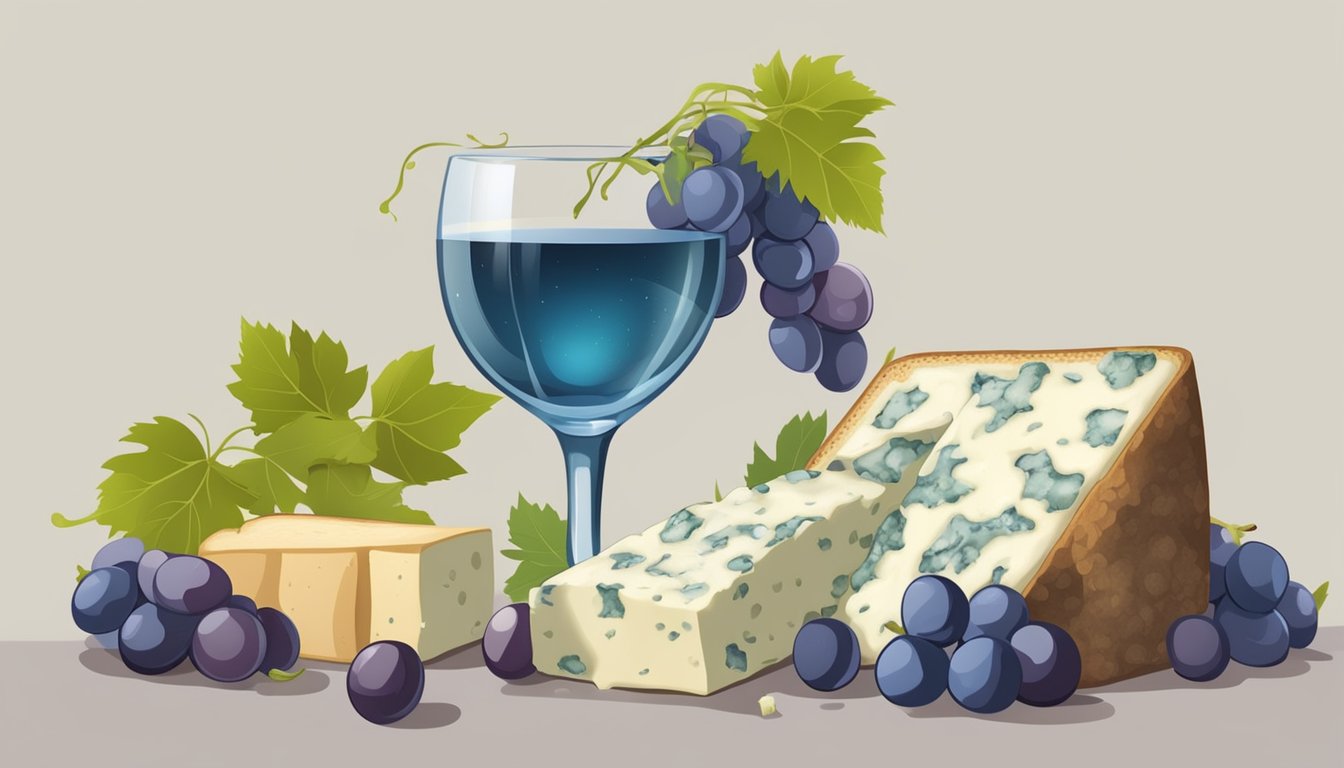 A wheel of blue cheese surrounded by moldy grapes and a slice of bread