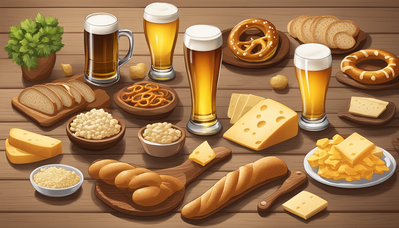 A variety of beer foods sit on a wooden table, including pretzels, bread, and cheese, all containing high levels of yeast