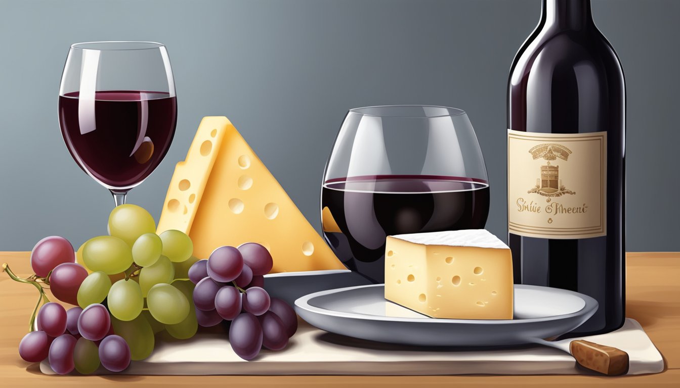 A glass of red wine next to a platter of cheese, bread, and grapes