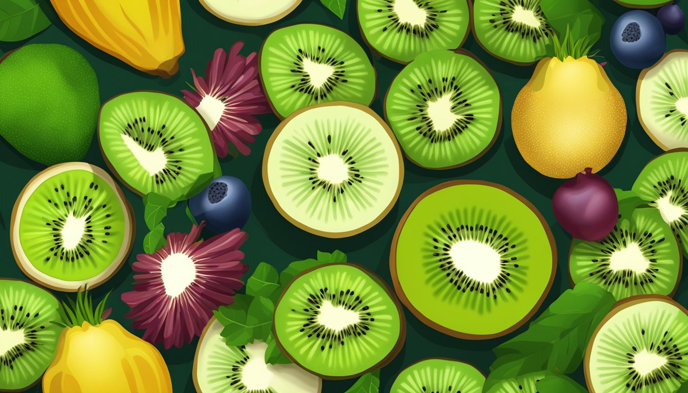 A kiwifruit sliced open, surrounded by other fruits and vegetables, with a spotlight on the kiwifruit