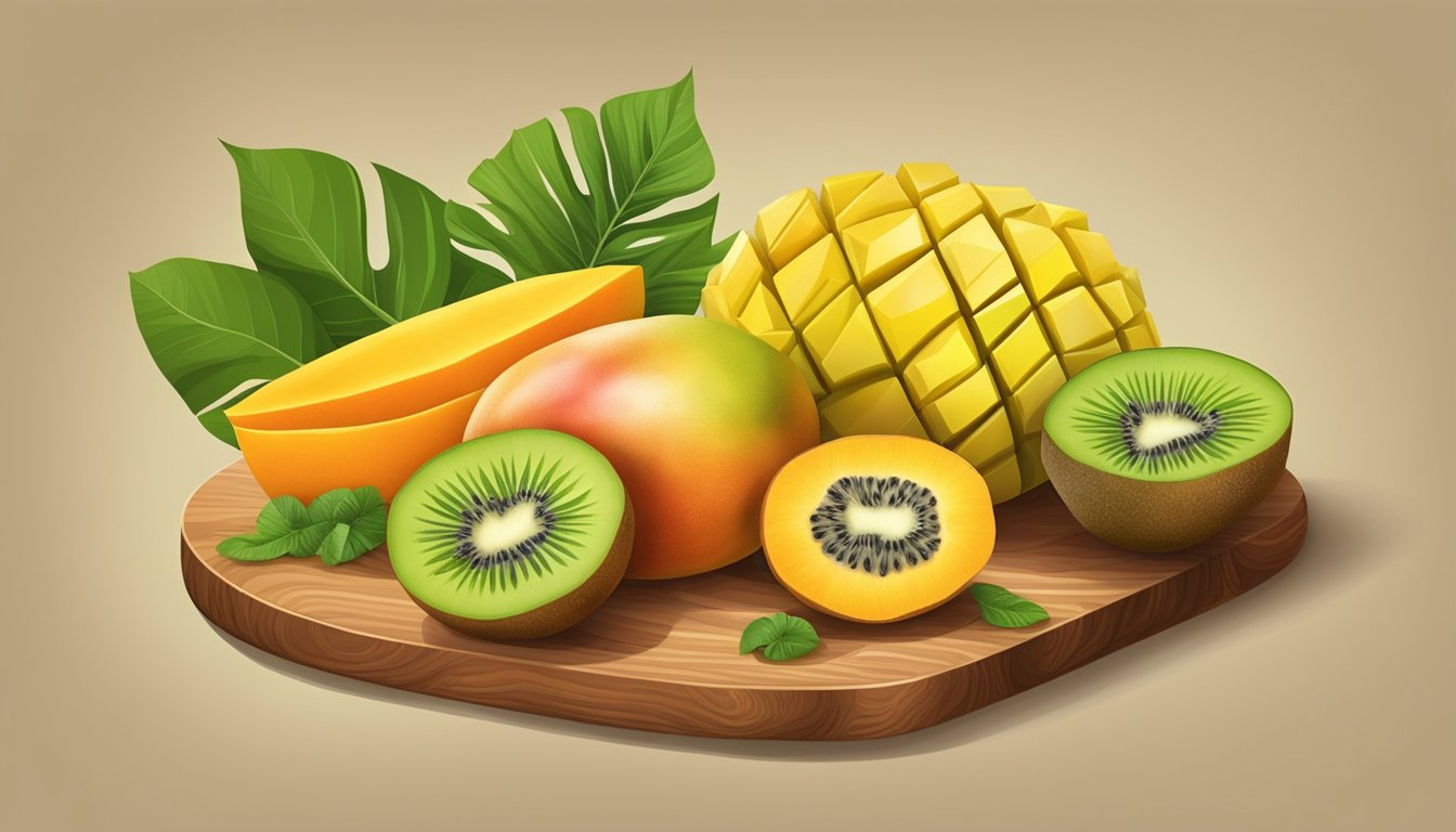 A ripe mango surrounded by papaya, pineapple, and kiwi, all sliced and arranged on a wooden cutting board