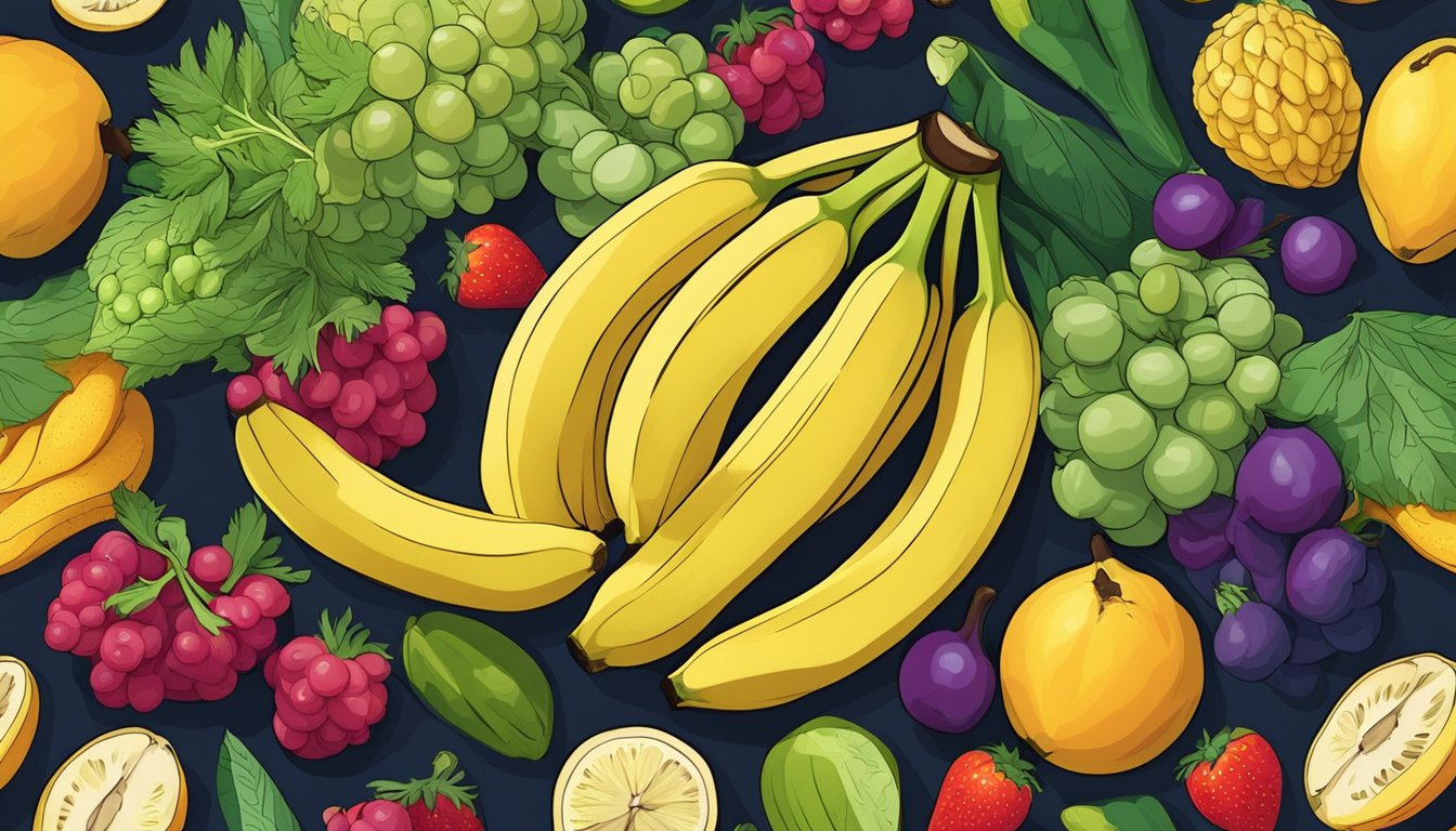 A cluster of ripe bananas surrounded by colorful fruits and vegetables, with a spotlight shining on them